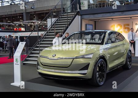 Paris, France - Rétromobile 2020. Focus on a 2017 green electric concept car Skoda Vision E. Stock Photo