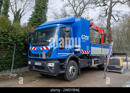 Nancy, France - Blue service truck for work on the gas network Iveco 160-220 on construction site. Stock Photo