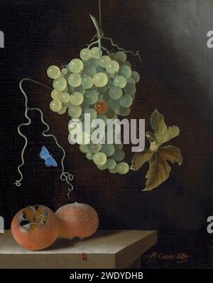 Adriaen Coorte - Still Life with a Hanging Bunch of Grapes, Two Medlars, and a Butterfly Stock Photo