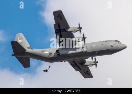 Japan Ground Self-Defense Force paratroopers jump out of a U.S. Air Force C-130J at Camp Narashino, Chiba, Japan, Jan. 7, 2024. Photo by Yasuo Osakabe Stock Photo