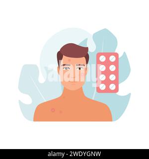 Sad worried man with red pimples on face and pills for acne treatment vector illustration Stock Vector