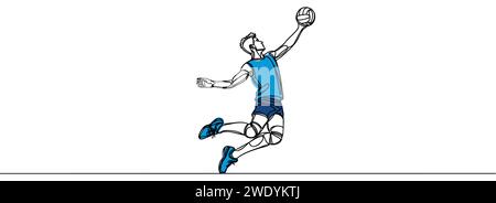 One continuous line depicts a young professional male volleyball player in action serving the ball on the court Stock Vector