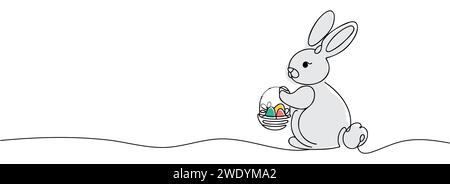 Easter bunny with colored eggs drawn in one line. Stock Vector