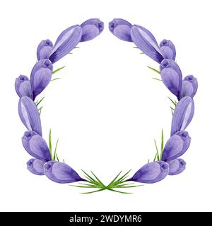Purple crocuses wreath, spring flowers frame. Hand painted watercolor illustration isolated on white background Design element for label, package Stock Photo
