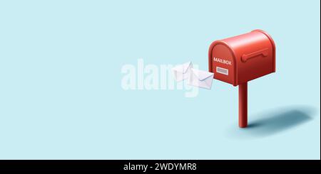 Vintage red mailboxes with envelopes next to it, post delivery composition, 3d render cartoon realistic style illustration Stock Vector