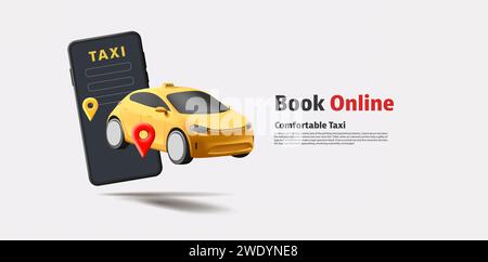 Yellow cab taxi car float in air in front of their smartphones, online taxi services by application on smartphones, black and yellow with red pin, ban Stock Vector