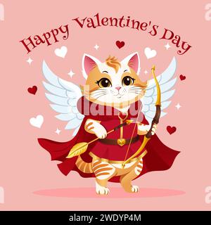 Valentines Day card with cute cat Cupid. Gaming anime character. A cat in a red cloak with a bow and an arrow. Vector illustration. Stock Vector