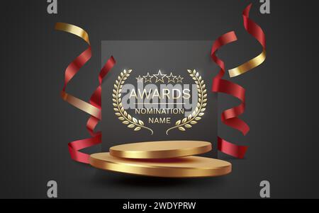 Awards nomination name podium, golden prize event, scene star ceremony. Vector Stock Vector