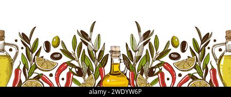 A horizontal border with olive branches, bottles of oil, red hot pepper. Isolated on a white background. Stock Vector