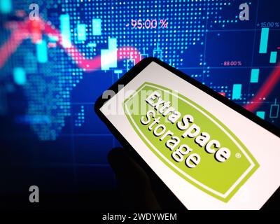 Konskie, Poland - January 22, 2024: Extra Space Storage company logo displayed on mobile phone screen Stock Photo