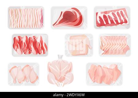 Raw meat in white plastic containers set. Top view of chilled whole chicken and cut in wings or legs, drumsticks and fillet without skin, beef steaks and ribs, bacon cartoon vector illustration Stock Vector