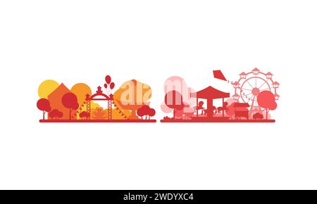 Abstract red amusement park landscape with silhouettes of Ferris wheel and carousel with horses vector illustration Stock Vector