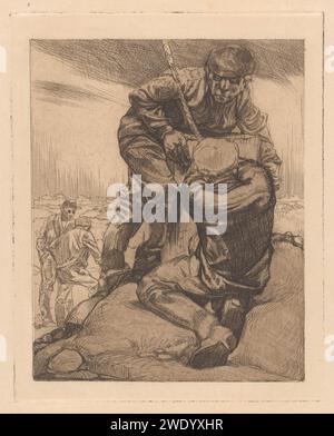 Vier Polderjongens, Johannes Josephus Aarts, 1881 - 1934 print Four polder workers, two of which are in the foreground and two in the foreground. The front two move a block using a rope.  Japanese paper (handmade paper) etching polder, reclaimed land. working class, labourers Stock Photo