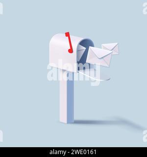 Vintage mailboxes with flying out white closed envelopes, post delivery composition, 3d render cartoon realistic style illustration Stock Vector