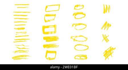 Brushes and elements for notes highlighting text. Ovals squares strokes in yellow. Vector illustration... Stock Vector