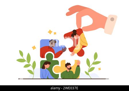 Organization of strong team, introduction of new employee. Giant hand of employer or boss holding puzzle piece with portrait of woman to put into group to complete jigsaw cartoon vector illustration Stock Vector