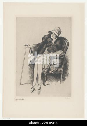 Woman with hat in an armchair, Pierre Georges Jeanniot, 1920 - 1928 print Young lady, sitting in the armchair, the left hand under kin, the right hand leaning on a walking stick with a button. She is dressed in fur mantle and short dress with low waist, shoes with heels and crossed straps at her feet. Pot hat with a wide edge. Clothing 1920-1930. France paper drypoint / etching / engraving clothes, costume (+ women's clothes). adult woman. sitting figure - AA - female human figure. walking-stick, staff Stock Photo