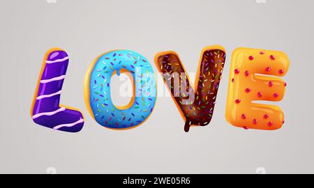 Word love made from sweet donuts. Happy Valentine's Day concept. Vector illustration Stock Vector