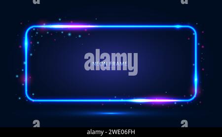 Neon rectangular frame with shining effects and highlights on a dark blue background. Stock Vector