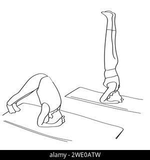 Woman practicing yoga exercises on mat illustration vector hand drawn isolated on white background Stock Vector