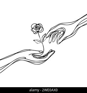 one line drawing a man's hand gives a rose to a woman. Stock Vector