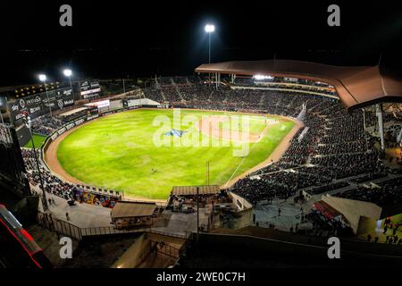 HERMOSILLO, MEXICO - JANUARY 20: Aerial view of the Fernando Valenzuela stadium during an LMP match between Naranjeros de Hermosillo and Venados de Mazatlán on January 20, 2024 in Hermosillo, Mexico. (Photo by Luis Gutiérrez/Norte Photo/)  HERMOSILLO, MÉXICO - 20 DE ENERO: Vista aérea del estadio Fernando Valenzuela durante un partido de LMP entre Naranjeros de Hermosillo y Venados de Mazatlán el 20 de enero de 2024 en Hermosillo, México. (Foto de Luis Gutiérrez/Norte Photo/) Stock Photo