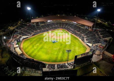 HERMOSILLO, MEXICO - JANUARY 20: Aerial view of the Fernando Valenzuela stadium during an LMP match between Naranjeros de Hermosillo and Venados de Mazatlán on January 20, 2024 in Hermosillo, Mexico. (Photo by Luis Gutiérrez/Norte Photo/)  HERMOSILLO, MÉXICO - 20 DE ENERO: Vista aérea del estadio Fernando Valenzuela durante un partido de LMP entre Naranjeros de Hermosillo y Venados de Mazatlán el 20 de enero de 2024 en Hermosillo, México. (Foto de Luis Gutiérrez/Norte Photo/) Stock Photo