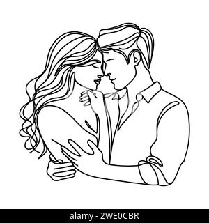 continuous drawing in one line of a guy and a girl in love hugging each other. Stock Vector