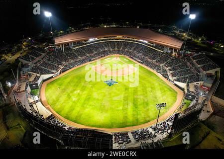 HERMOSILLO, MEXICO - JANUARY 20: Aerial view of the Fernando Valenzuela stadium during an LMP match between Naranjeros de Hermosillo and Venados de Mazatlán on January 20, 2024 in Hermosillo, Mexico. (Photo by Luis Gutiérrez/Norte Photo/)  HERMOSILLO, MÉXICO - 20 DE ENERO: Vista aérea del estadio Fernando Valenzuela durante un partido de LMP entre Naranjeros de Hermosillo y Venados de Mazatlán el 20 de enero de 2024 en Hermosillo, México. (Foto de Luis Gutiérrez/Norte Photo/) Stock Photo