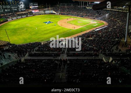 HERMOSILLO, MEXICO - JANUARY 20: Aerial view of the Fernando Valenzuela stadium during an LMP match between Naranjeros de Hermosillo and Venados de Mazatlán on January 20, 2024 in Hermosillo, Mexico. (Photo by Luis Gutiérrez/Norte Photo/)  HERMOSILLO, MÉXICO - 20 DE ENERO: Vista aérea del estadio Fernando Valenzuela durante un partido de LMP entre Naranjeros de Hermosillo y Venados de Mazatlán el 20 de enero de 2024 en Hermosillo, México. (Foto de Luis Gutiérrez/Norte Photo/) Stock Photo