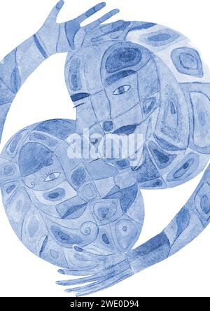 Abstract watercolor symbolism navy blue couple isolated on white background. Hand drawn indigo color spots pattern. Watercolour abstraction. Man, woma Stock Photo