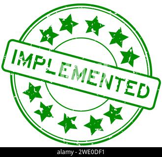 Grunge green implemented word with star icon round rubber seal stamp on white background Stock Vector