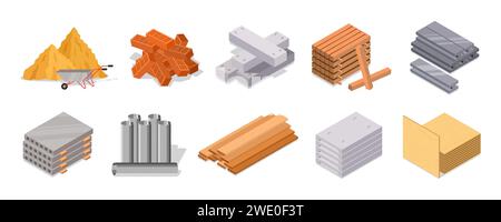 House materials. Building site. Brick blocks. Wood board and timber. Sand heap. Iron and cement pile. Metal pipe pieces. Raw concrete for road repair. Industrial construction. Vector cartoon icons set Stock Vector