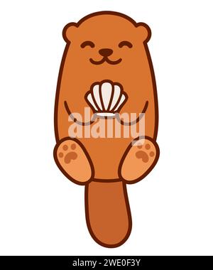 Cute cartoon otter holding seashell. Funny animal drawing in simple kawaii style. Vector character clip art illustration. Stock Vector