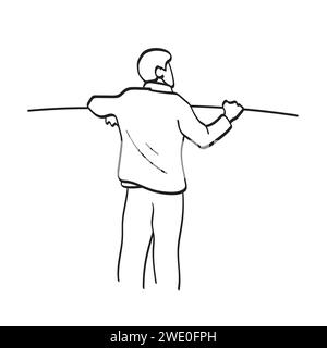 man standing on rooftop with glass looking at blank space illustration vector hand drawn isolated on white background Stock Vector