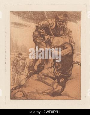 Vier Polderjongens, Johannes Josephus Aarts, 1881 - 1934 print Four polder workers, two of which are in the foreground and two in the foreground. The front two move a block using a rope.  paper etching polder, reclaimed land. working class, labourers Stock Photo
