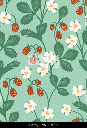 Strawberry seamless vector pattern with flowers, wild berries, leaves background. textile. Vector illustration Stock Vector