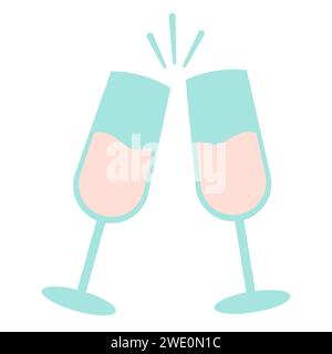 Champagne Wineglasses flat style. Cheers, clink of glasses, toast. Retro Cartoon Illustration. Perfect For Poster, Card, Invitation, Tshirt Print, Playroom Wall Hanging Or Valentines Day Greeting Card Stock Vector