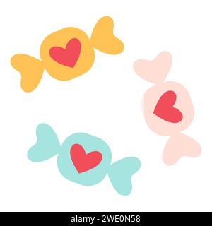 Cartoon wrapped candy. Caramel bonbon. Simple Hand Drawn. Retro style. flat vector. Perfect For Poster, Card, Invitation, Tshirt Print or Valentines Day Greeting Card. Vector illustration Stock Vector