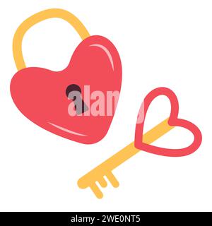 Closed heart shaped padlock with key, symbol of love. Simple Hand Drawn flat style. Retro. Perfect For Poster, Card, Invitation, Tshirt Print or Valentines Day Greeting Card. Vector illustration Stock Vector