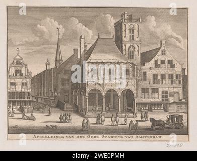 View of the old town hall in Amsterdam, Nicolaas ten Hoorn, 1713 print The west side of Dam Square with a house on Kalverstraat, Gasthuissteeg entrance from left to right, the old town hall with the former Sint Elisabeth Gasthuis behind it. Dating of the performance is approx. 1641.  paper etching townhall City Hall of Amsterdam (14th century-1652) Stock Photo