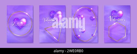 Happy Valentines day set card. 3D glossy purple glass hearts on luxury paper background. Holiday poster with gold geometric frames, jewels Stock Vector