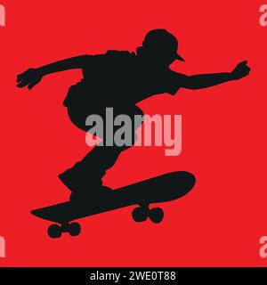 Young skateboarder in black silhouette set on a red background Stock Vector