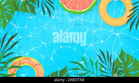 Summer pool. Fun swim background water for summertime party invite or sale, pink tubes float on waves, green tropical leaves. Watermelon and donut rings. Copy space for text. Vector illustration Stock Vector