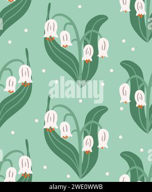 Vector seamless spring pattern of stylized lilies of the valley on a turquoise background. Vector illustration Stock Vector