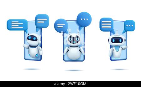 3d chat bot. Ai robot with speech bubbles on smartphone screen, artificial chatbot icon, gpt customer service support, computer people render isolated elements. Vector illustration technology concept Stock Vector