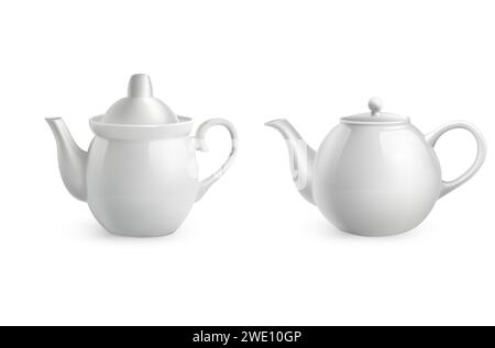 Teapot set. Realistic white porcelain, morning hot drinks utensil, kitchen ceramic crockery different forms. Restaurant and cafe, tableware serving, kettles collection. Vector isolated 3d illustration Stock Vector