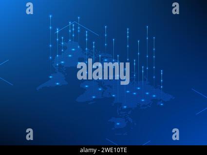 World map technology background with rising digital data lines. Shows the connection of the Internet network that can send and receive cyber data all Stock Vector