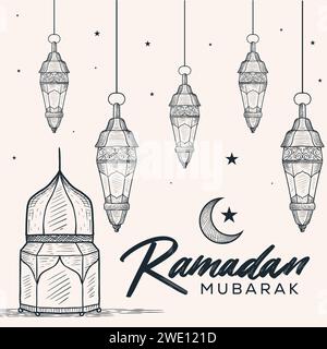 hand drawn ramadan mubarak illustration with lanterns Stock Vector