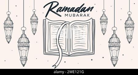 ramadan mubarak background illustration in hand drawn style with holy books and lanterns Stock Vector